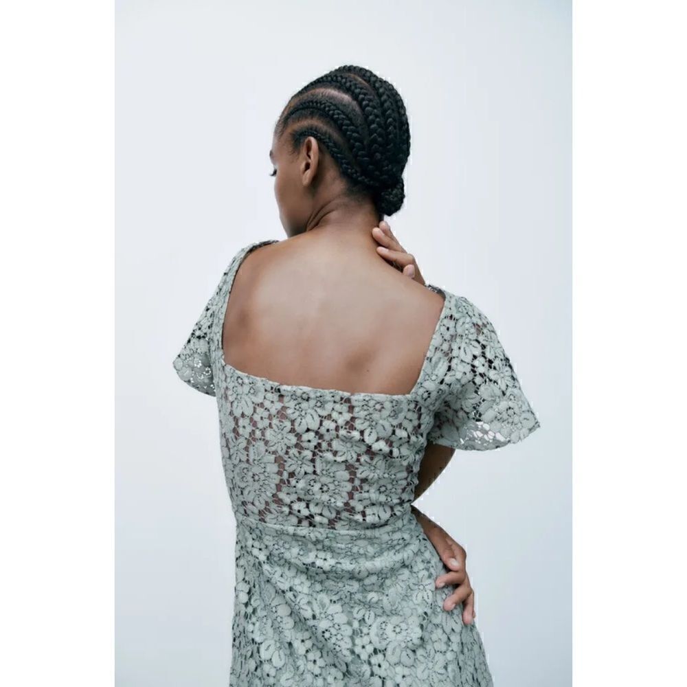 NWT Zara Green Lace V-Neck Short Sleeve Front Slit Hem Midi Dress, Size Small - Picture 8 of 16